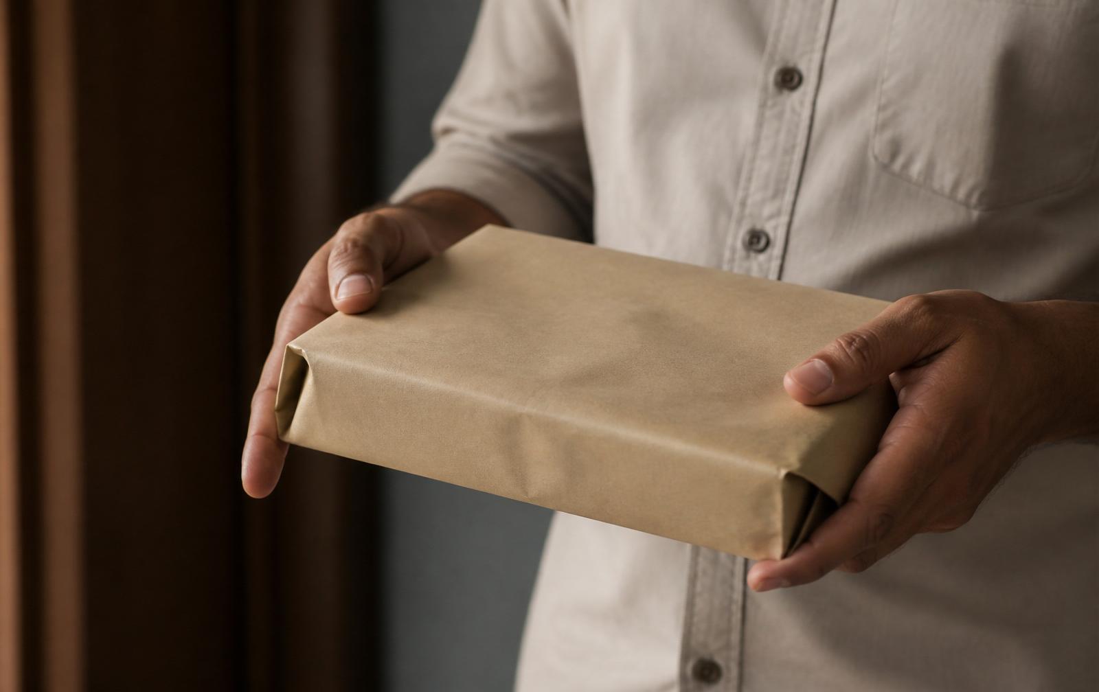 A discreet, unbranded delivery in plain paper, how every Luvomen parcel arrives.