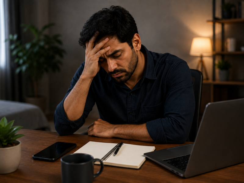 mentally exhausted man feeling stressed and tired