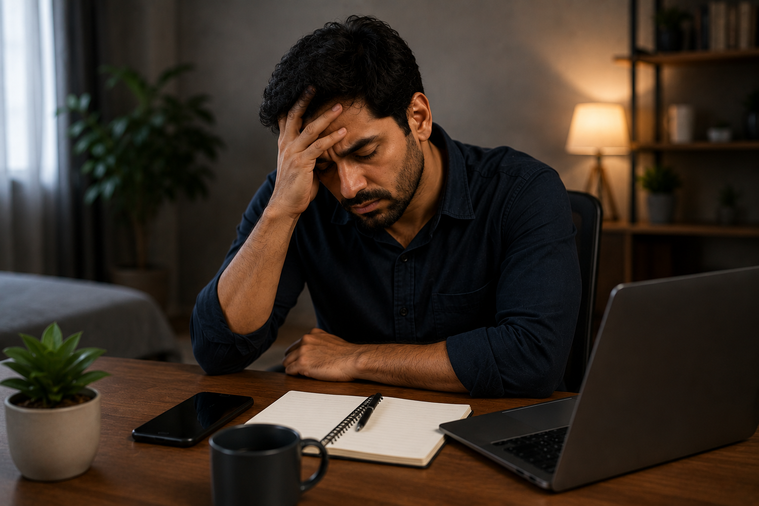 mentally exhausted man feeling stressed and tired