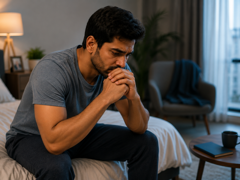 man struggling with erection problems and stress