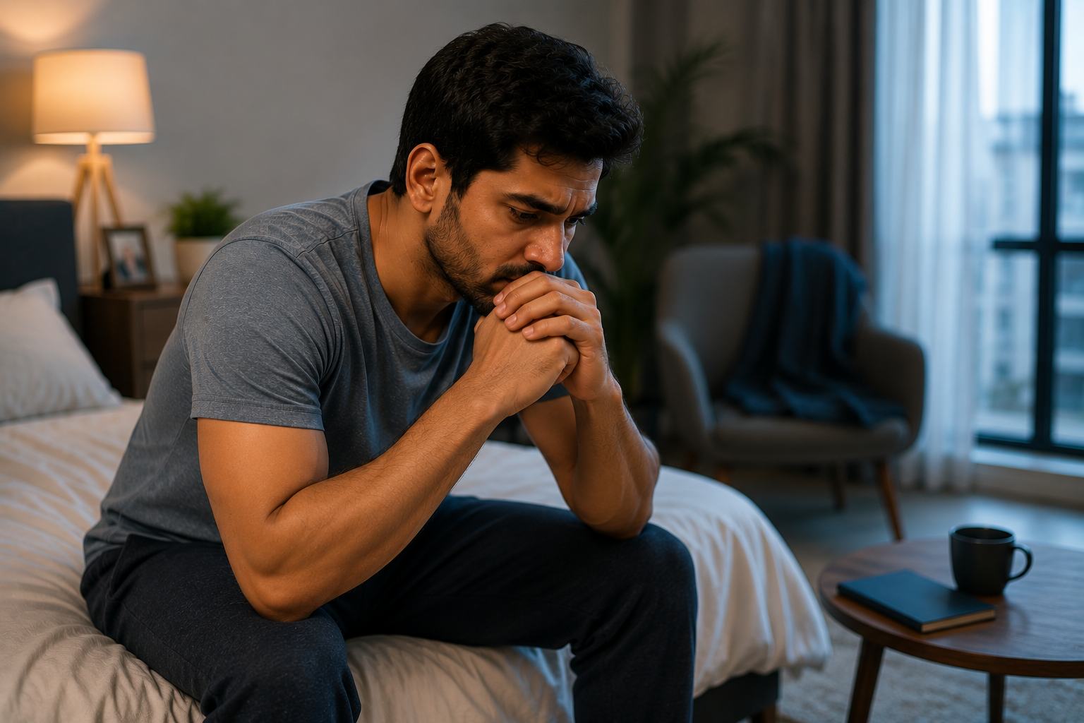 man struggling with erection problems and stress