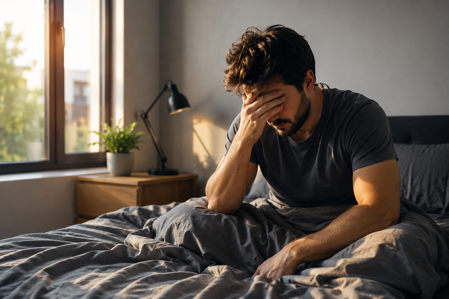man waking up tired despite getting enough sleep