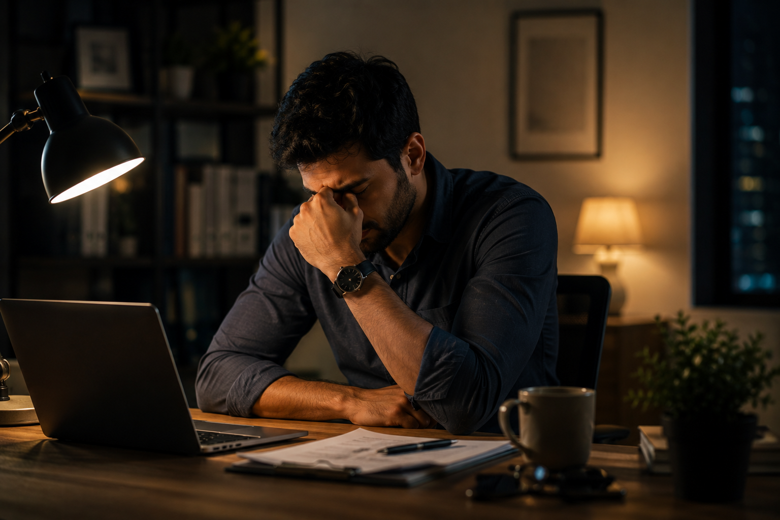 burned out man feeling mentally and physically exhausted at work